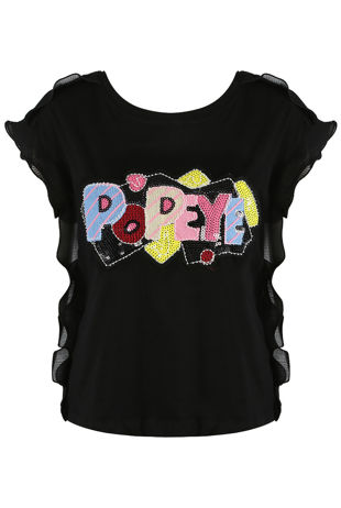 Black Sequin POPEYE Trim Frill Tee