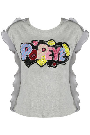 Grey Sequin POPEYE Trim Frill Tee