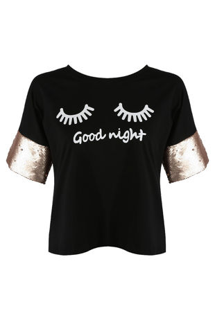 Black Sequin Sleeves GOOD NIGHT Slogan Tee