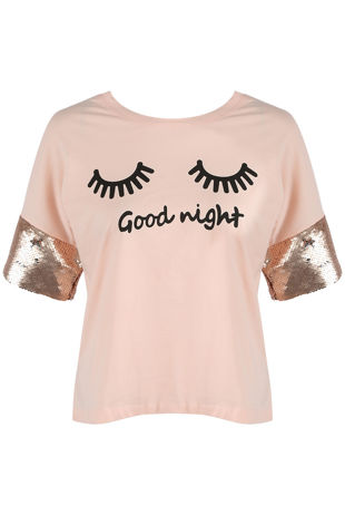 Pink Sequin Sleeves GOOD NIGHT Slogan Tee
