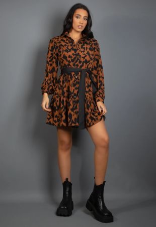 Brown Animal Print Belted Mini Dress