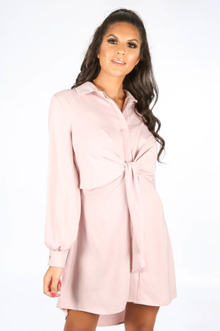 Dusky Pink Tie Front Shirt Dress