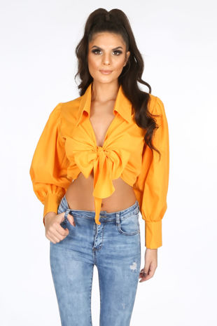Orange Tie Front Cropped Shirt 