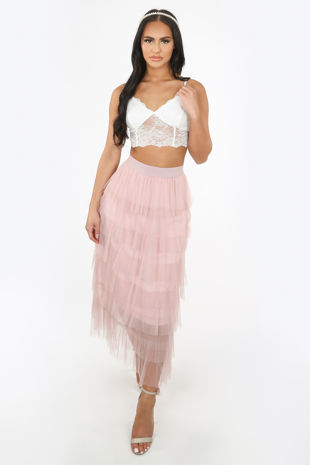 Blush Pink Draped Midi Tulle Skirt