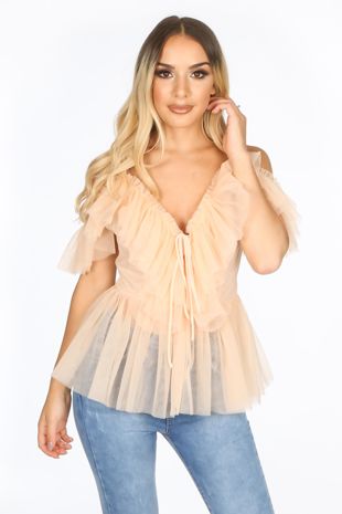 Pink Cold Shoulder Peplum Tulle Top