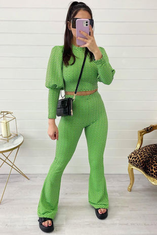 Printed Round Neck Crop Top & Flare Trouser Set