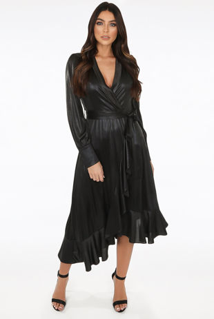 Black Foil Front Tie Up Asymmetric Wrap Dress