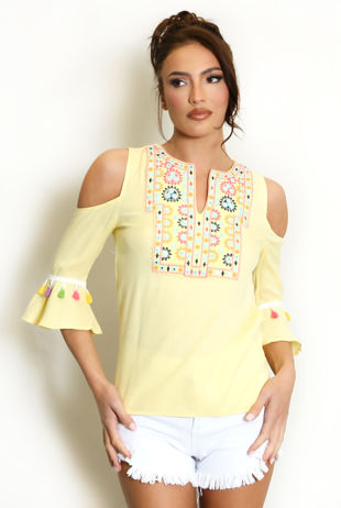 Embroidered Cold Shoulder Tassel Top In Yellow