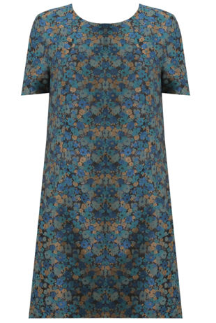  Green Brocade Floral Short Sleeves Shift Dress