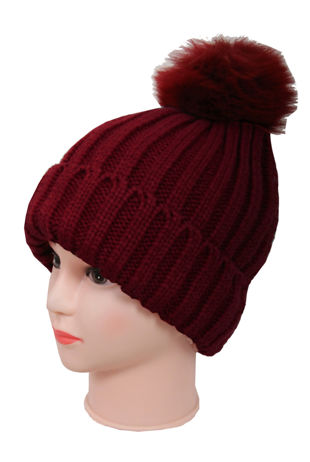 Wine Real fur pom pom knit winter hat