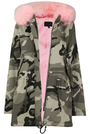 Camouflage Pink Fur Line Parka Jacket