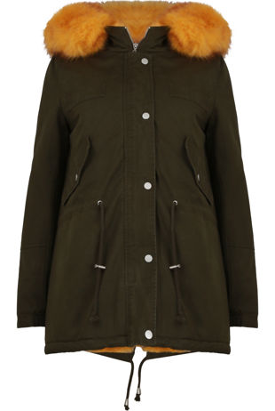 Khaki with Yellow Fur Trim Parka Jacket