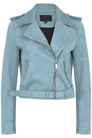 Sky Blue Suede Studs Biker Jacket