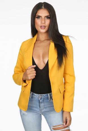 Button Up Side Pocketed Mustard Blazer
