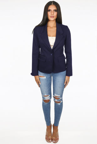 Button Up Side Pocketed Navy Blazer