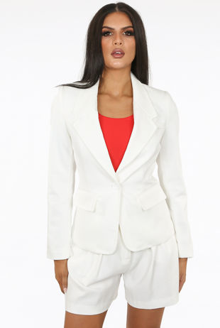 Button Up Side Pocketed White Blazer