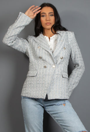 Grey Metallic Tweed Check Double Breasted Blazer