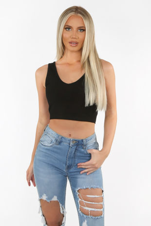 Black Ribbed V-Neck Crop Top