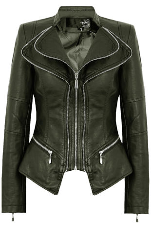 Khaki Double Collar Silver Zip Up Jacket