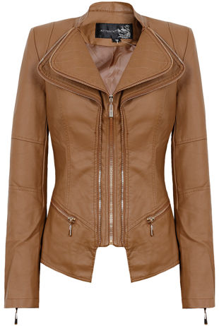  Brown Double Collar Detail Zip Up Jacket 
