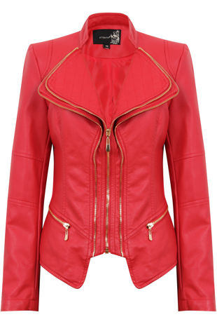 Red Double Collar Silver Zip Up Jacket