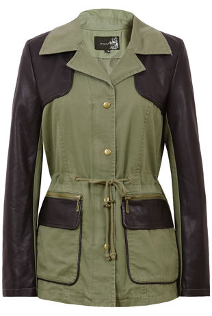 Khaki Contrast PVC Sleeve Double Pocket Jacket 