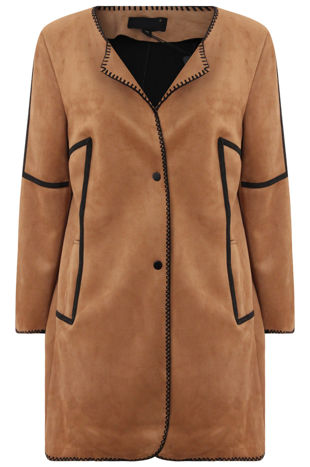 Camel Faux Suede Contrast Stitch Coat 