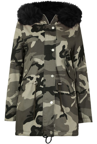 Camouflage with Black Fur Line Parka Jacket