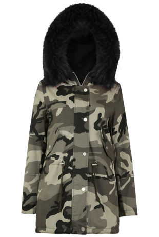Camouflage with Black Fur Line Parka Jacket