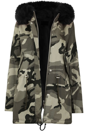 Camouflage Black Fur Line Parka Jacket