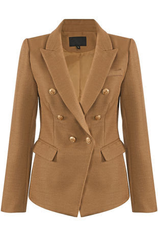 Beige Golden Button Double-Breast Hopsack Blazer