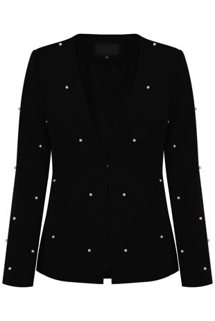 Pearls Trim Lapel-Less Black Blazer