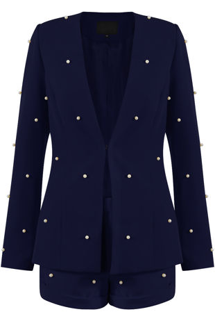 Pearls Trim Lapel-Less Navy Blazer