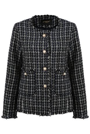 Navy Tweed Pearls Button Box Blazer 