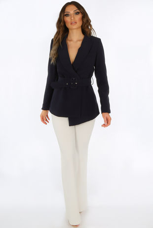Navy Asymmetric Belted Blazer
