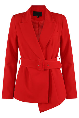 Red Asymmetric Belted Blazer