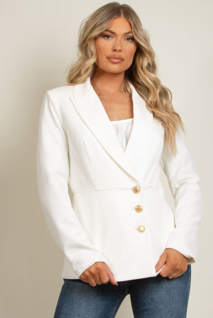 White Double Breast Flare Hem Blazer