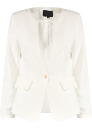Collarless Single Button White Blazer