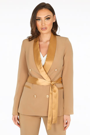 Attentif Camel Tailored Belted Blazer With Satin Lapel