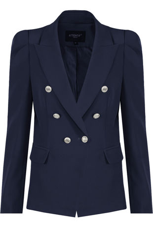 Navy Double Breast Blazer With Puff Shoulder