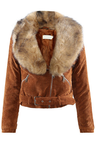 Camel Corduroy Fur Trim Jacket 