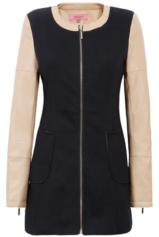 Black Beige Smart Long Contrast Arms PVC Sleeve Coat 