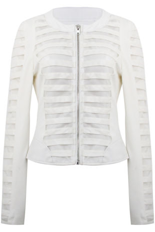White PVC Piped Front Zip Up Biker Jacket