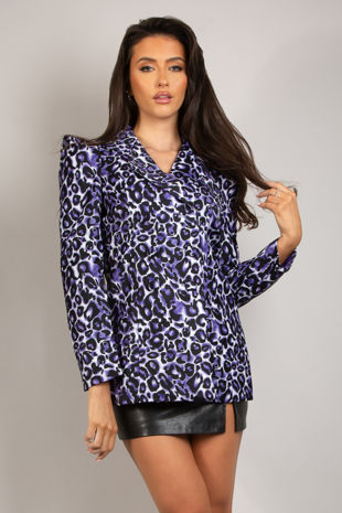 Purple Leopard Print Blazer With Exaggerated Shoulder
