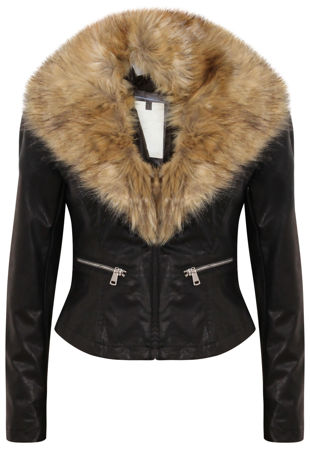 Black PVC Detachable Fur Collar Zip Pocket Jacket
