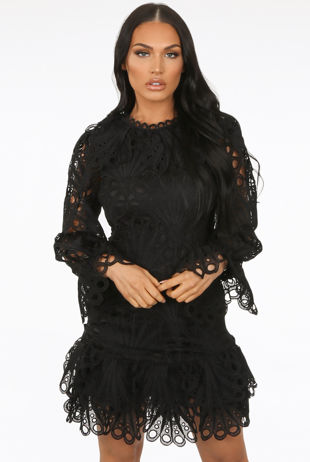 Black Floral Embroidery Lined Shift Dress