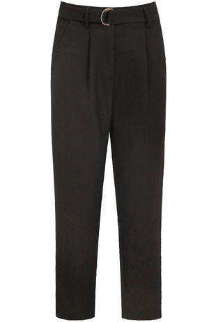 Black Belted Front Pleated Zip Up Pants