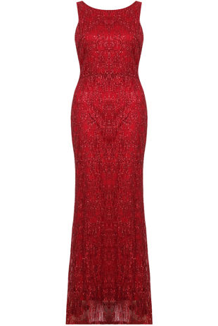 Red Mesh Glitter Textured Maxi Dress