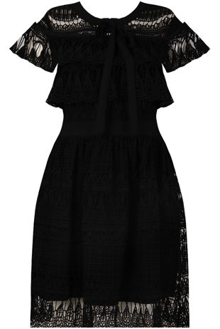 Crochet Mesh Insert Front Tie Up Day Dress in BLACK 