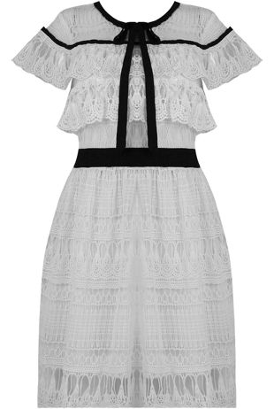 Crochet Mesh Insert Front Tie Up Day Dress in WHITE